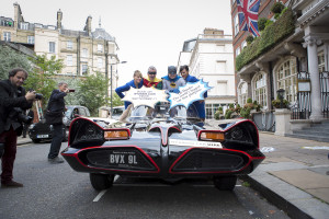 Ryanair CEO Michael O'Leary dressed as Robin adn Car Trawler CEO