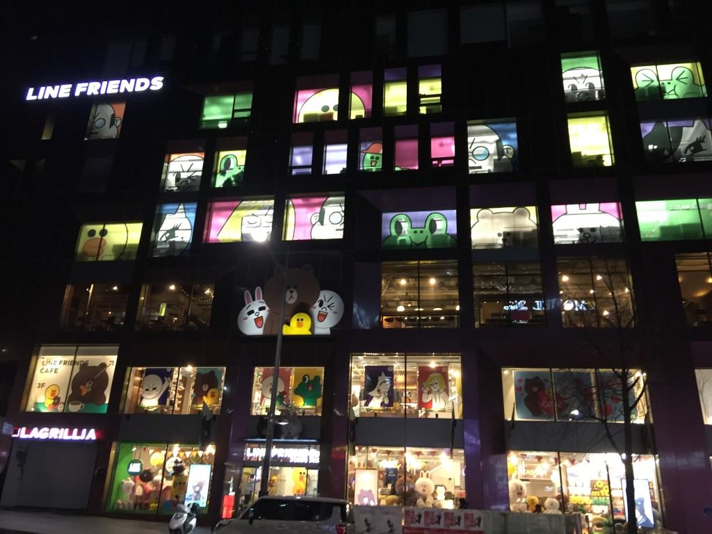 The LINE store in Itaewon, all lit up with emoticons