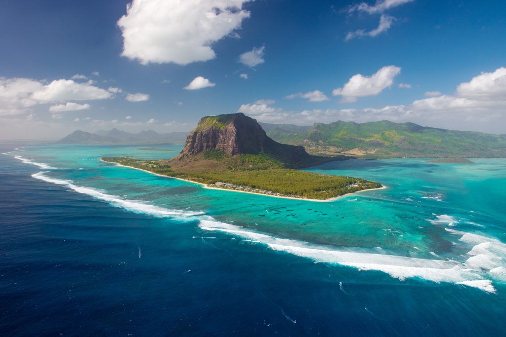 Mauritius island from helicopter. View on Le Morne mount and One Eye surf spot. Place with biggest waves on Muaritius.