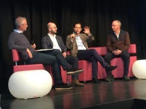 Discussing how to slow the exodus of Millennial skiers are (l.-to-r.) Phocuswight's Douglas Quinby, Airbnb's Benjamin Glaenzer, Expedia's Ait Voncke and Ski.com's Harry Peisach, at European Mountain Travel Summit in Crans-Montana Switzerland. Photo by Arnie Weissmann